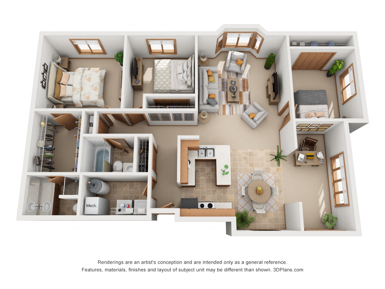 Floor plan for 3 beds, 2 baths, 1625 sqft